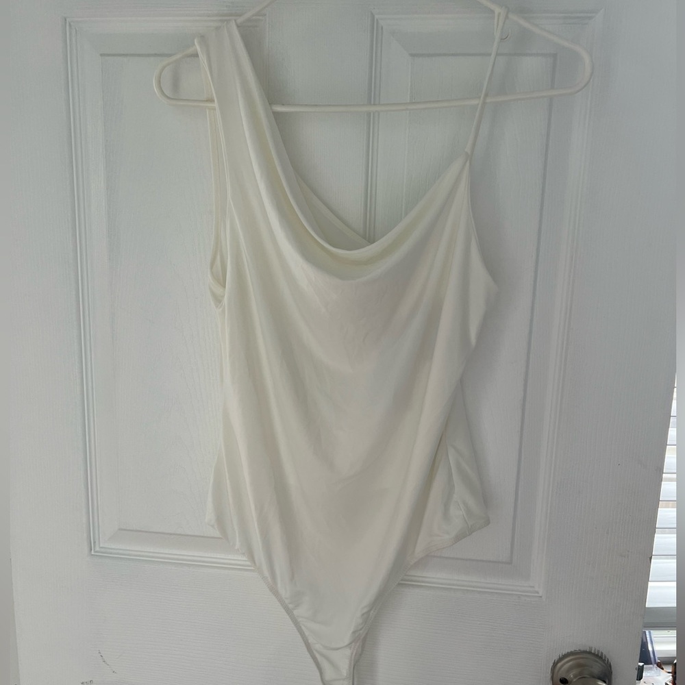 NWT white asymmetrical bodysuit super soft with double lined top and cowl neck